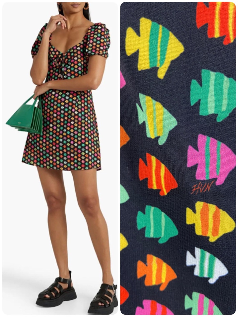 HVN Dylan Tropical Fish Mini Dress Novelty Puff Sleeve Sz 6 Tender Loving Care
